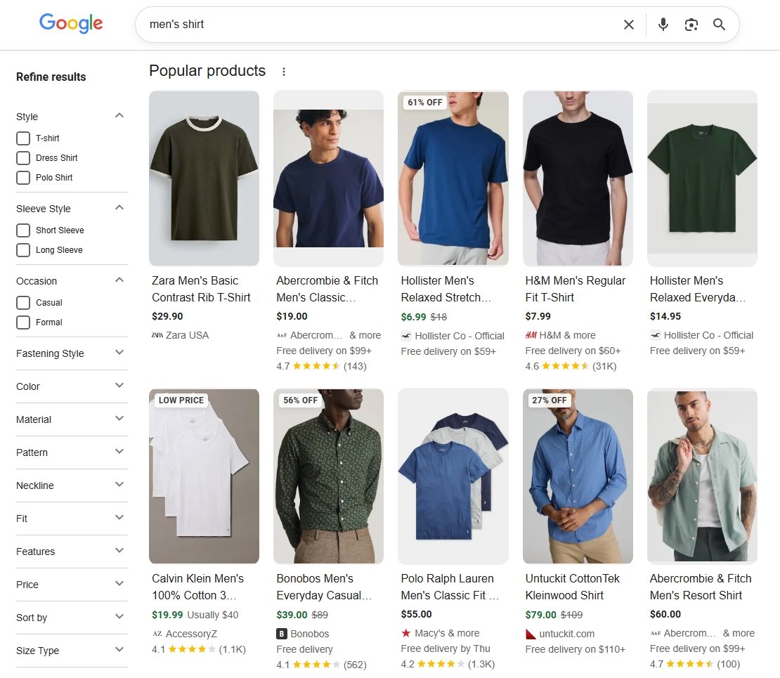 a free listing in Google search results for the query men's t-shirt