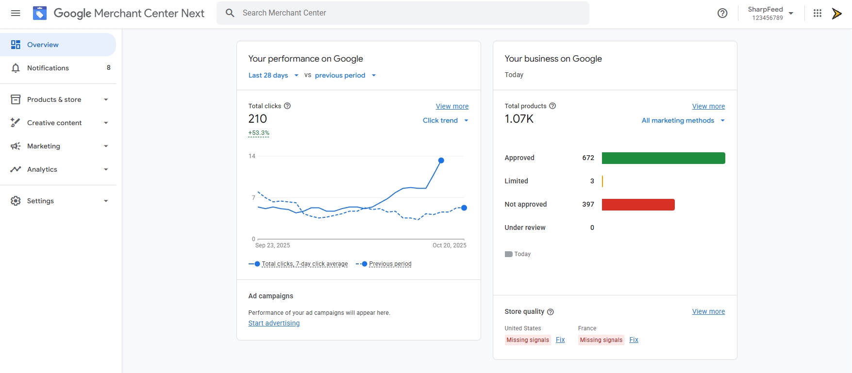 Google Merchant Center home page