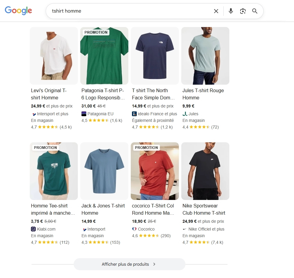 un encart free listing dans les résultats de recherche Google pour la requête tshirt homme