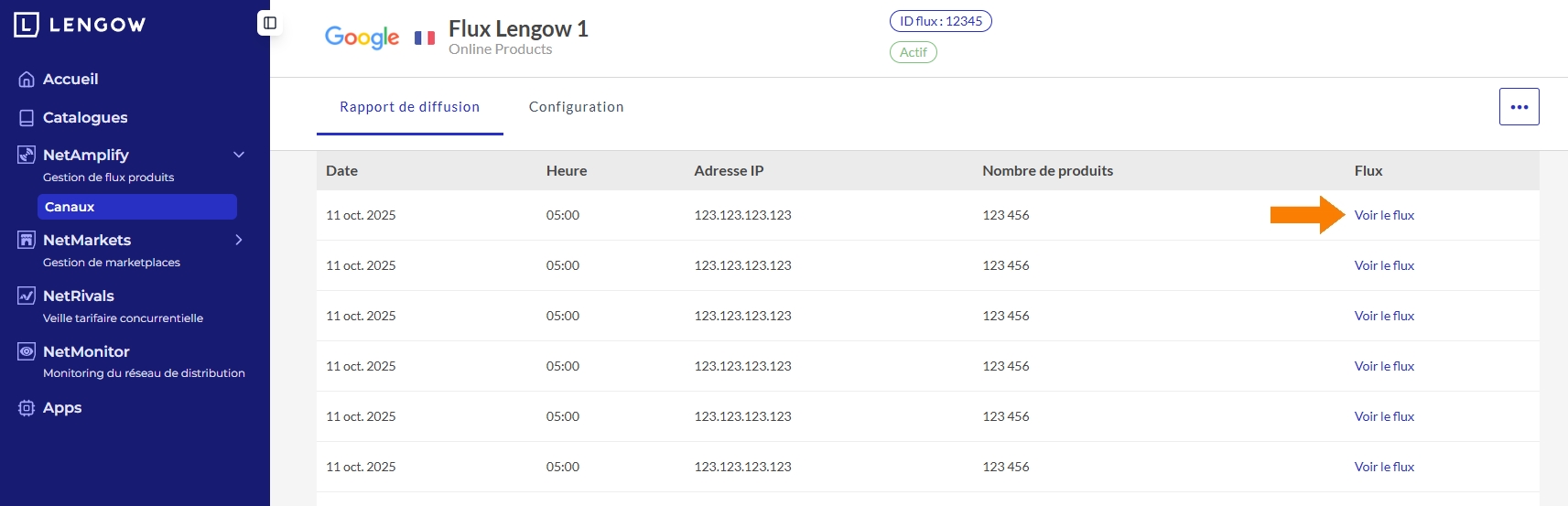 Click 'Voir le flux' to download feed from Lengow